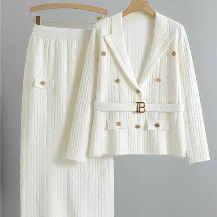 Chic Strikket 2-delt Sett til Dame – Cardigan med Belte & Høytliv Skjørt