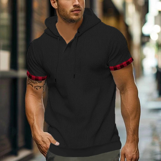 Kortermet Hoodie for Menn – Waffle-Struktur i Ensfarget Design | Sporty og Komfortabel T-skjorte til Vår og Sommer