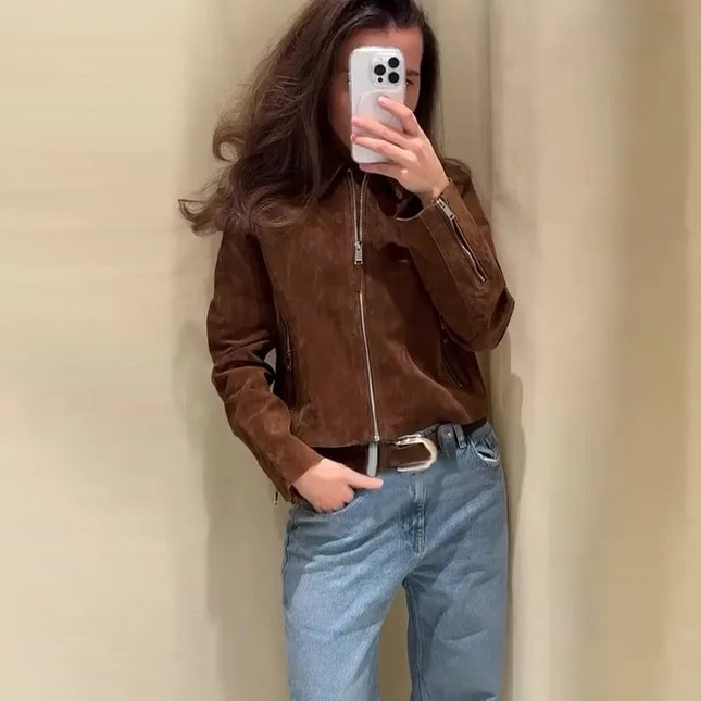 Vintage Semsket Kort Jakke til Dame – Streetwear med Glidelås & Krage