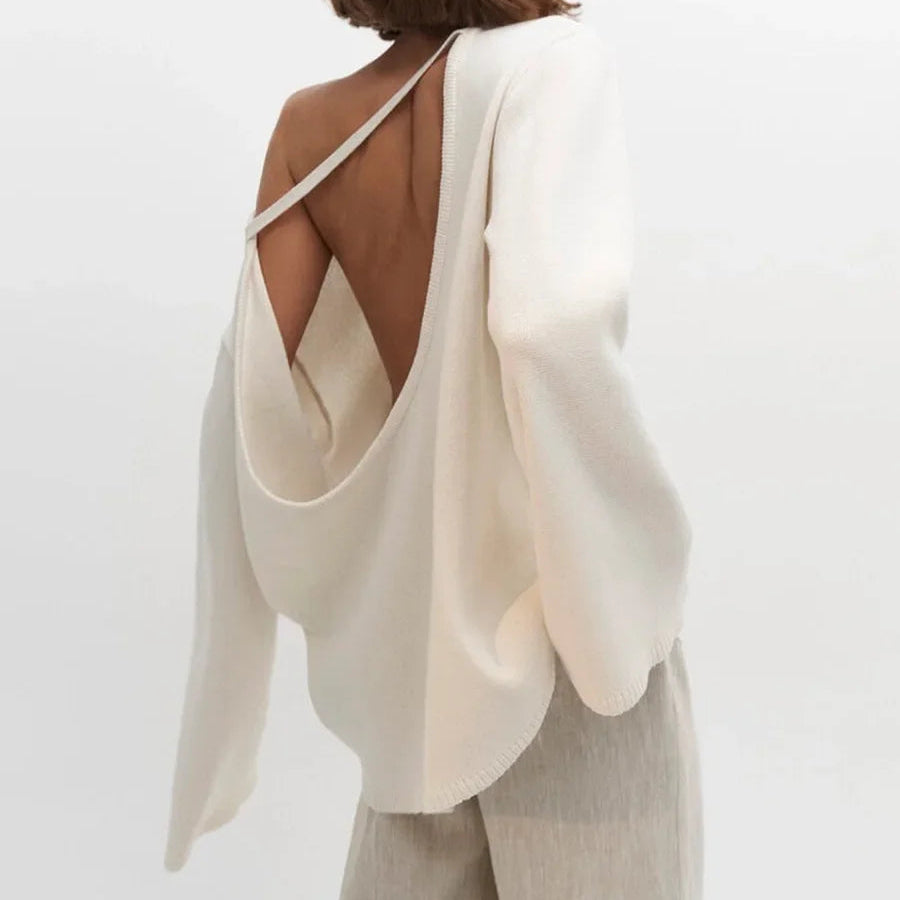 Strikkegenser for Kvinner – Myk Bomullsgenser med Åpen Rygg | Løs, Trendy og Elegant til Høst og Vinter