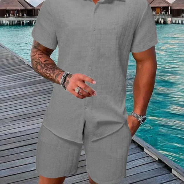 Sommerens Nyhet 2025 – Herresett med Skjorte og Shorts | Avslappet To-delt Antrekk med Jacquard og Snøring