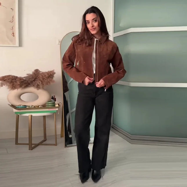 Vintage Semsket Kort Jakke til Dame – Streetwear med Glidelås & Krage