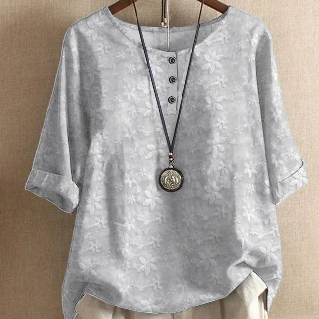 Etnisk Vintage-Print Bluse – Løs Passform, O-hals og Halvlange Ermer