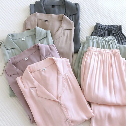 Pysjamasett i Bomull & Viskose – Ensfarget Lett Sett med Langermet Topp og Bukse (Vår/Sommer)