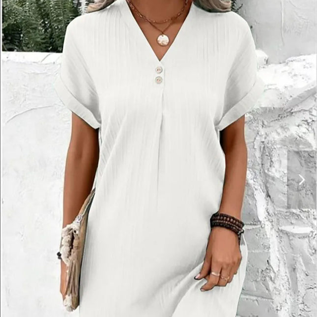 Sommerlig V-hals Kjole for Kvinner – Enkel Minikjole med Knapper til Hverdag og Kontor