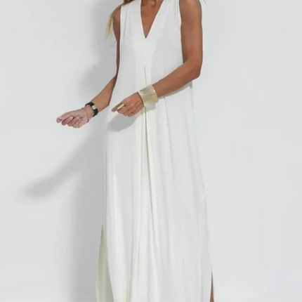 Sommerens Elegante V-hals Maxi-kjole – Ermeløs, Løs Passform og Splittdetalj