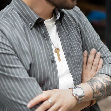 Retro Arbeidsskjorte for Menn – Børstet Blå Stripet Skjorte i Amerikansk Stil | Langermet Business Casual Skjorte til Høsten