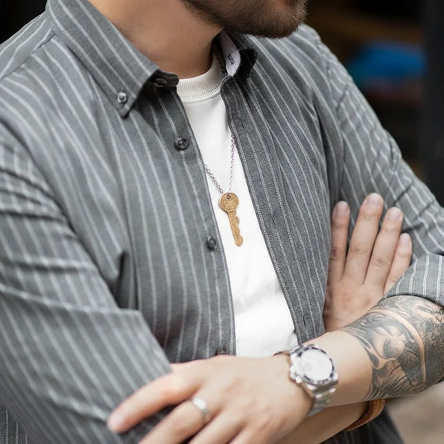 Retro Arbeidsskjorte for Menn – Børstet Blå Stripet Skjorte i Amerikansk Stil | Langermet Business Casual Skjorte til Høsten