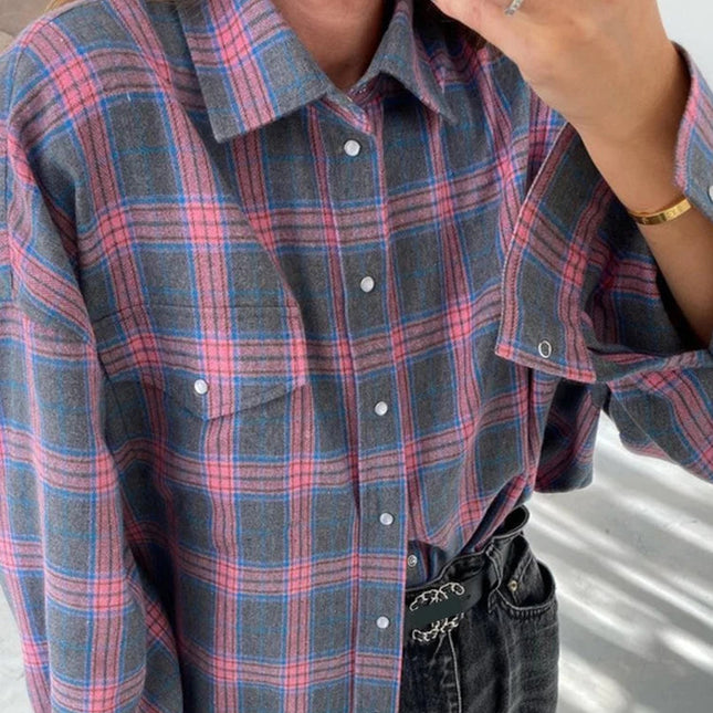 Vintage Rutete Skjorte for Dame – Oversized Bluse i Blåtoner | Langermet Høst- og Vinterskjorte 2024