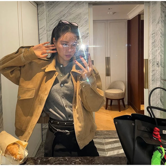 Dame Bomberjakke – Vintage Semsket Patchwork med Glidelås & Lommer