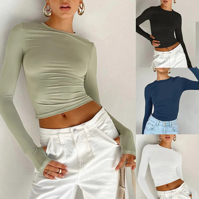 Langermet Crop Top med Tommelhull – Slim Fit Streetwear
