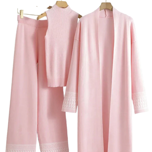 Elegant 3-delt Strikkesett – Høytlivsbukser, Vest og Lang Cardigan