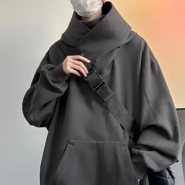 Ninja Hettegenser for Menn – Ensfarget Y2K Hoodie med Høy Hals | Oversized Streetwear i Fleece for Høst og Vinter