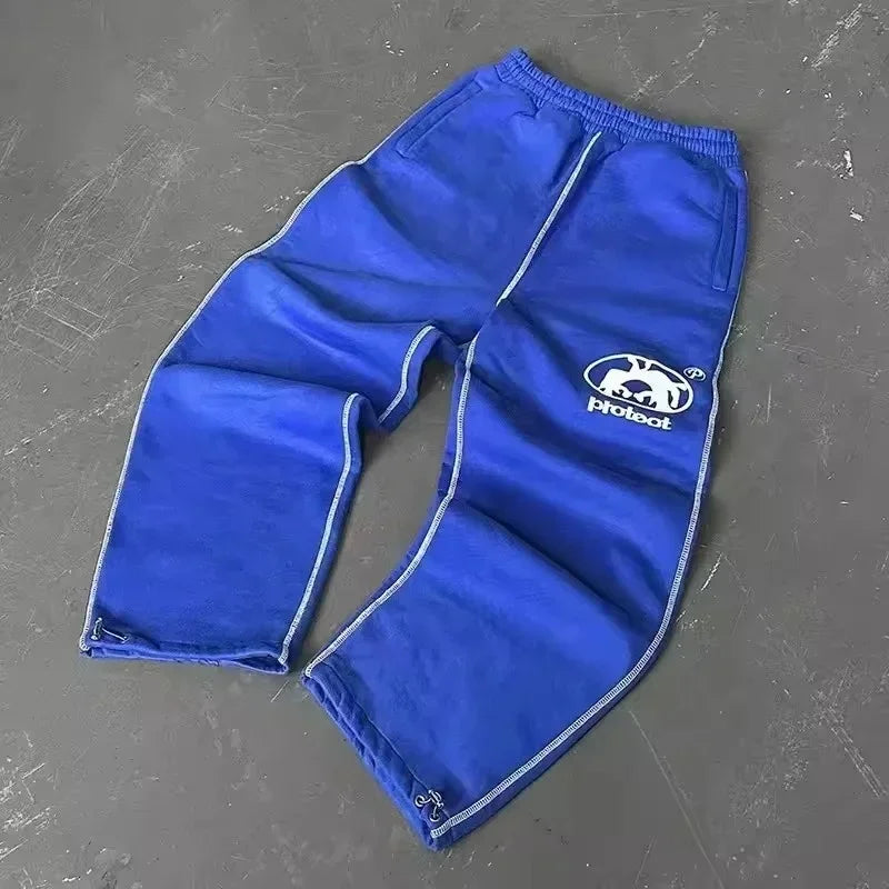 Y2K Joggebukse – Grå Brodert Streetwear | Unisex Retro Hip Hop Sweatpants