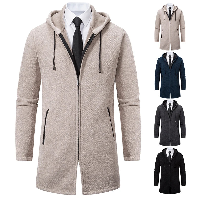 Herre Lang Cardigan med Hette – Varm Vinterjakke i Fleece & Strikk | Koreansk Designerstil