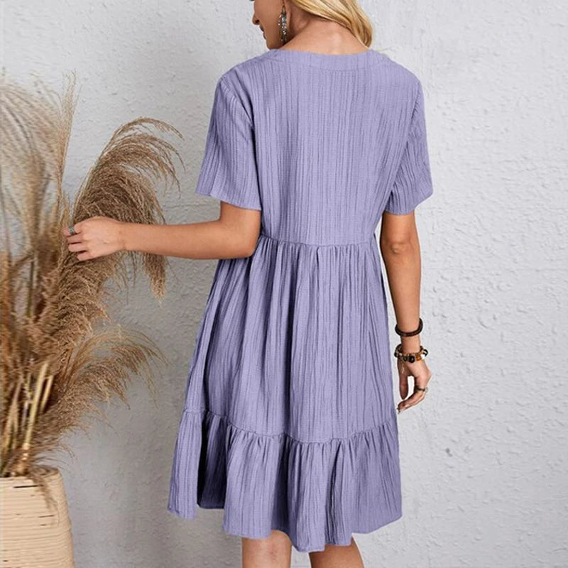 Elegant Vintage Sommerkjole – Kortermet A-linje Kjole med V-hals og Høyt Liv
