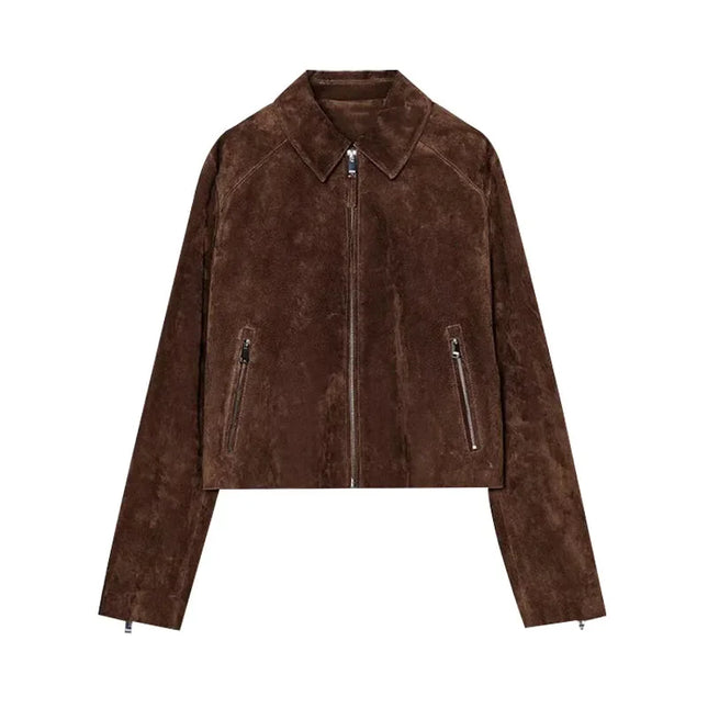 Vintage Semsket Kort Jakke til Dame – Streetwear med Glidelås & Krage