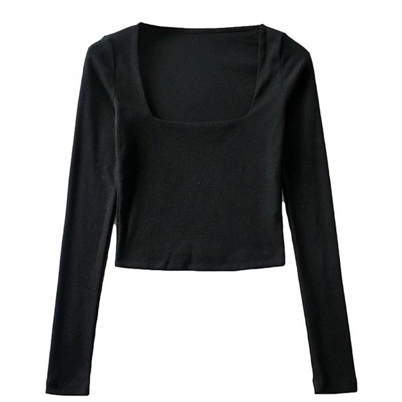 Dame Ribbestrikket Crop Top – Langermet med Kvadratisk Utringning
