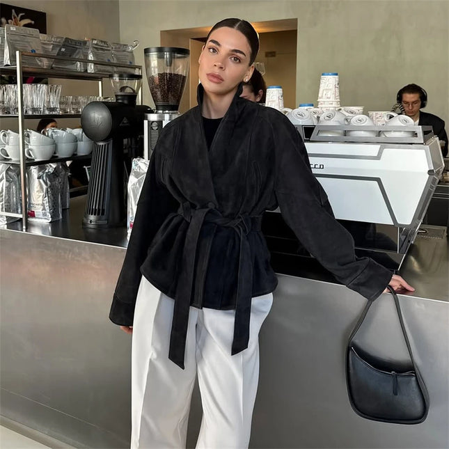 Retro Semsket Jakke for Dame – V-utringet Snørejakke i Semsket Look | Elegant Kontor- og Hverdagsjakke til Høst & Vinter 2025