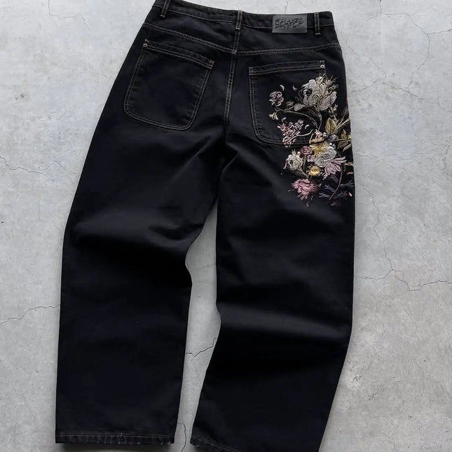 Y2K Hip-Hop Jeans for Menn – Broderte Lave Wide Leg Bukser med Glidelås | Retro Streetwear i Løs Passform med Gullmynt-detaljer
