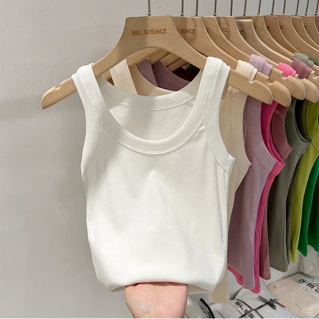 Ribbestrikket Rundhalset Topp – Basic Sommer Singlet for Dame