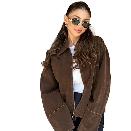 Dame Bomberjakke – Vintage Semsket Patchwork med Glidelås & Lommer