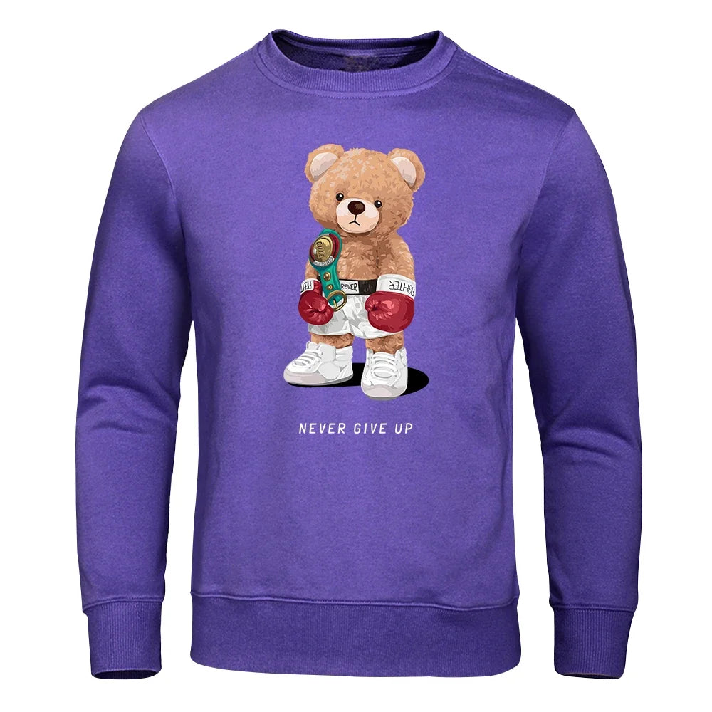 Herre Hoodie med Trykk – "Strong Boxer Teddy Bear" | Løs Passform & Streetwear Harajuku Stil