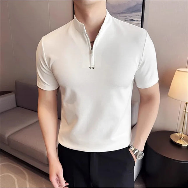 Herre T-skjorte med Høy Krage og Glidelås – Kortermet Slim Fit | Trendy Ensfarget Sommer Topp i Lett og Komfortabelt Stoff