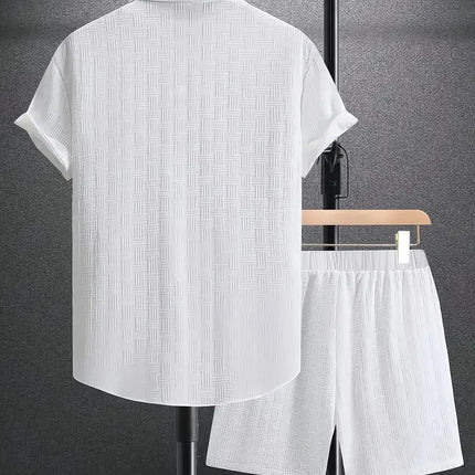 Sommerens Nyhet 2025 – Herresett med Skjorte og Shorts | Avslappet To-delt Antrekk med Jacquard og Snøring