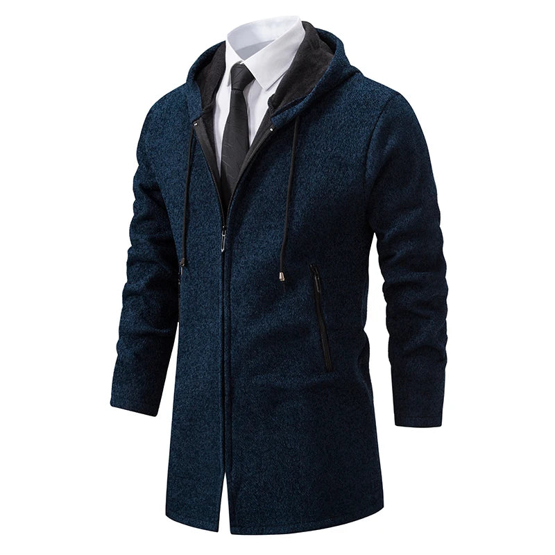 Herre Lang Cardigan med Hette – Varm Vinterjakke i Fleece & Strikk | Koreansk Designerstil