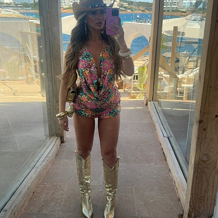 Fargerikt Paljettsett – Halterneck Toppløs Vest & Bodycon Miniskjørt