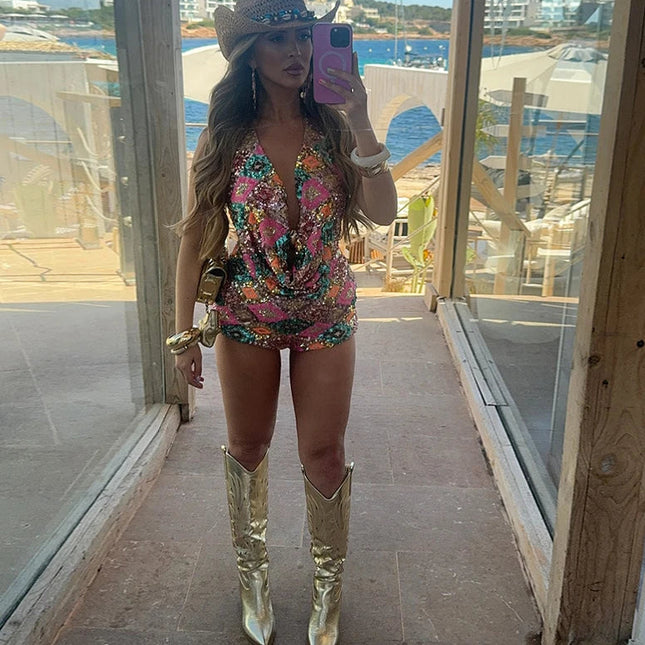 Fargerikt Paljettsett – Halterneck Toppløs Vest & Bodycon Miniskjørt