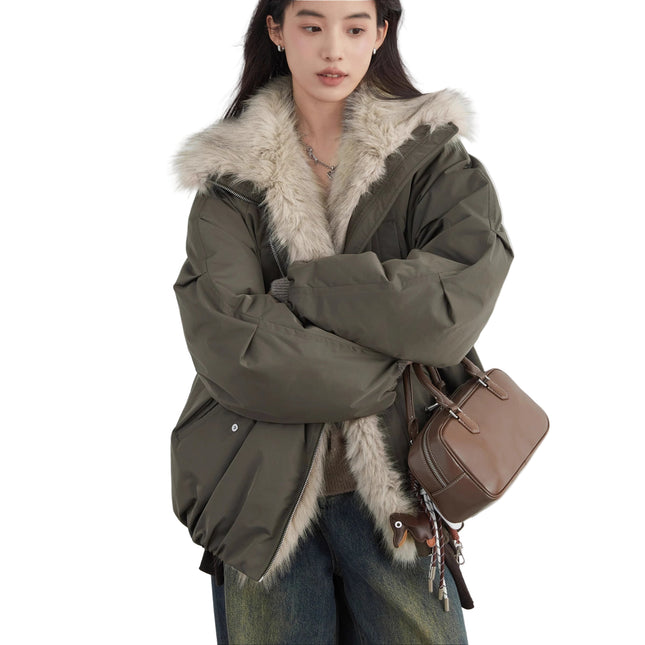 Dunjakke for Dame med Fuskepels – 90% Hvit Andedun | Løs, Varm & Elegant Jakke til Høst og Vinter 2025