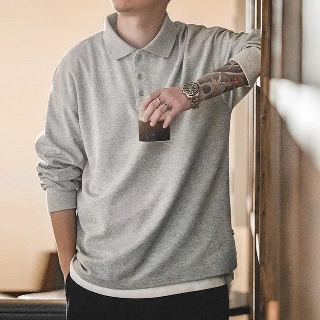 Herre Oversized Polo Skjorte – Vintage Langermet Business Casual Topp