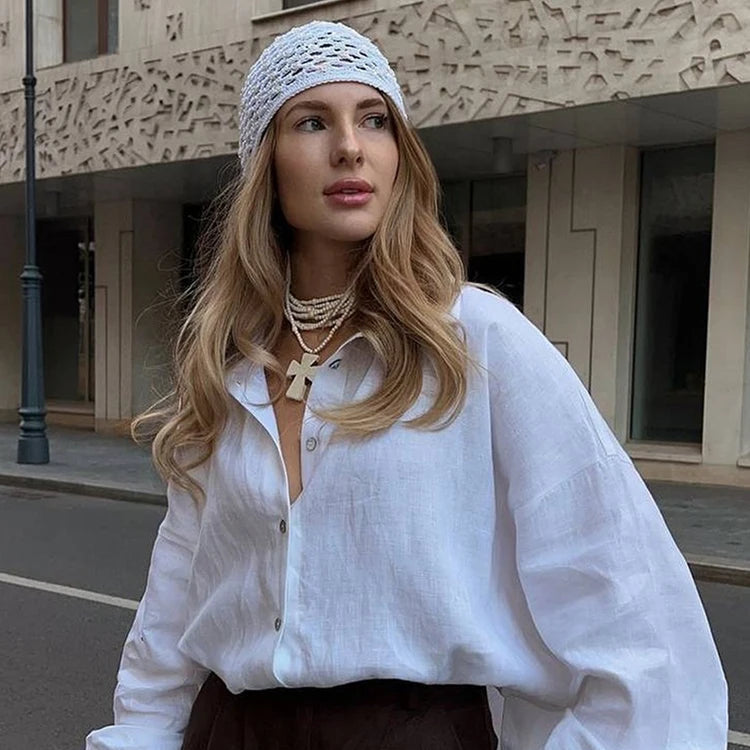Hvit Linbluse for Dame – Elegant Oversized Skjorte i Bomull og Lin | Vårens Klassiske Basic med Krage