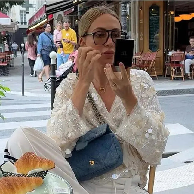 Paljett Kimono for Dame – Elegant V-hals Jakke med Lange Ermer | Glamorøs & Løs Passform til Høst og Fest