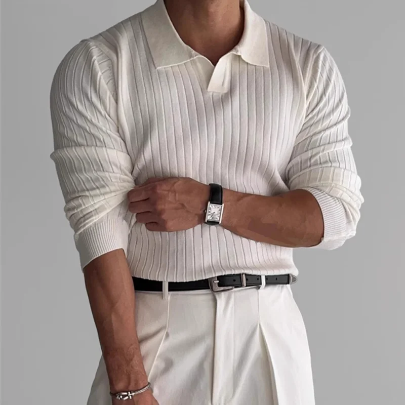 Herre Strikket Polo i Jacquard – Elegant V-hals & Langermet Genser