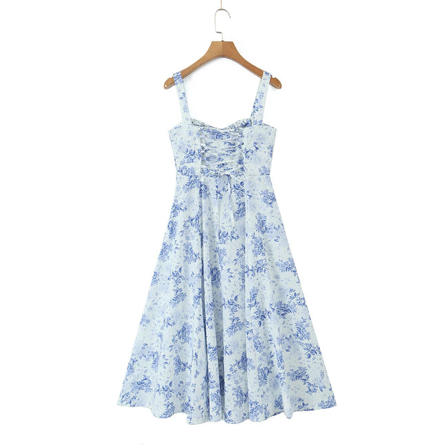 Blomstrete Korsettkjole med Snøring – Elegant Midi Kjole med Splitt