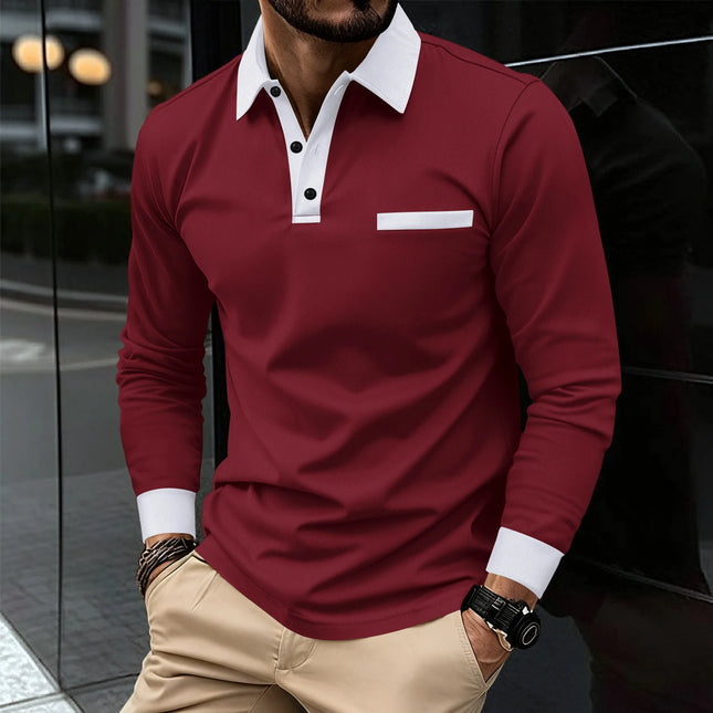 Langermet Poloskjorte for Menn – Kontrastfarget Strikket Design | Stilren Business Casual Skjorte til Vår og Høst
