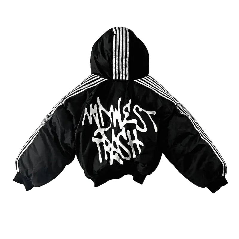 Stripet Vinterjakke for Dame – Varm og Løs Bomullspolstret Jakke | Harajuku Streetwear Stil med Glidelås