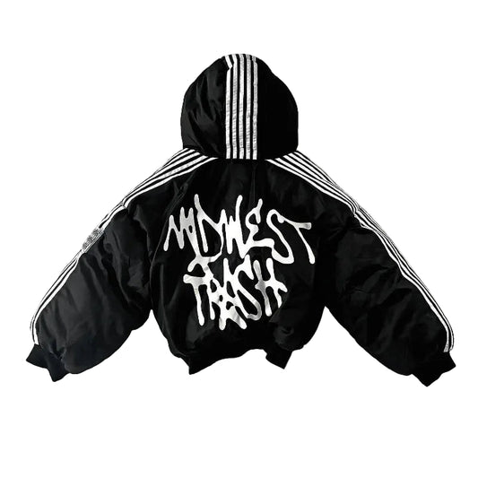 Stripet Vinterjakke for Dame – Varm og Løs Bomullspolstret Jakke | Harajuku Streetwear Stil med Glidelås