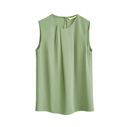 Ermeløs Chiffonbluse til Dame – Asymmetrisk Plissert Sommertopp