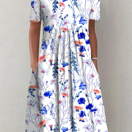 Elegant Sommerkjole med Vidt Skjørt – Rund Hals og Kort Erm med Blomsterprint (2024 Nyhet)