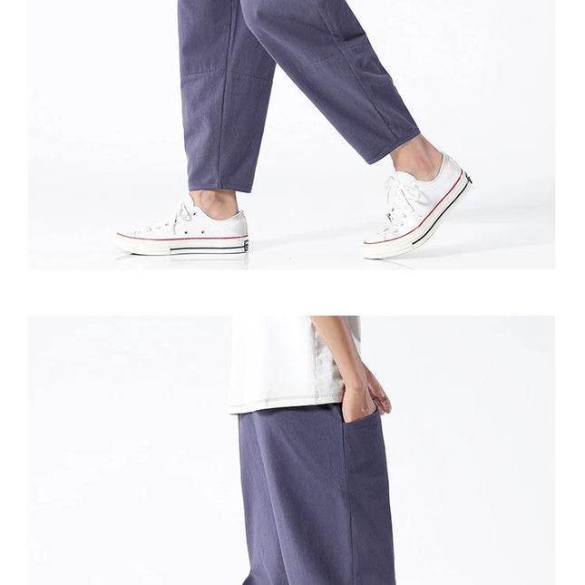 Trendy Herrebukser i 100% Bomull – Japanskinspirert, Løs Passform og Cropped Lengde (opptil 5XL)