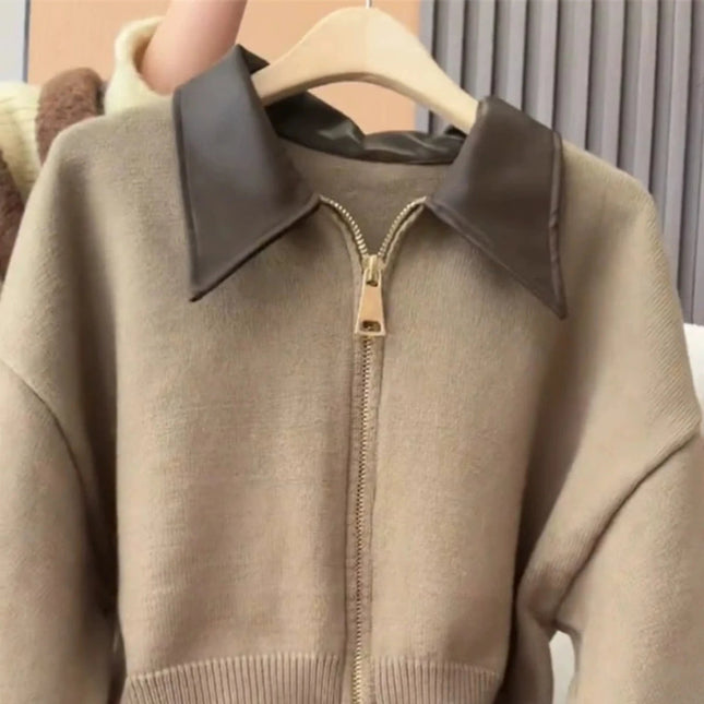 Strikkecardigan med skinnlook-krage – toveis glidelås, myk & vintage-inspirert (høst/vinter)