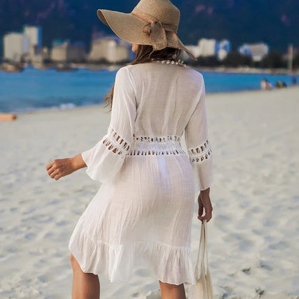 Sommerlig Heklet Boho Strandkimono – Åpen Blonde Cover-Up med Dusker