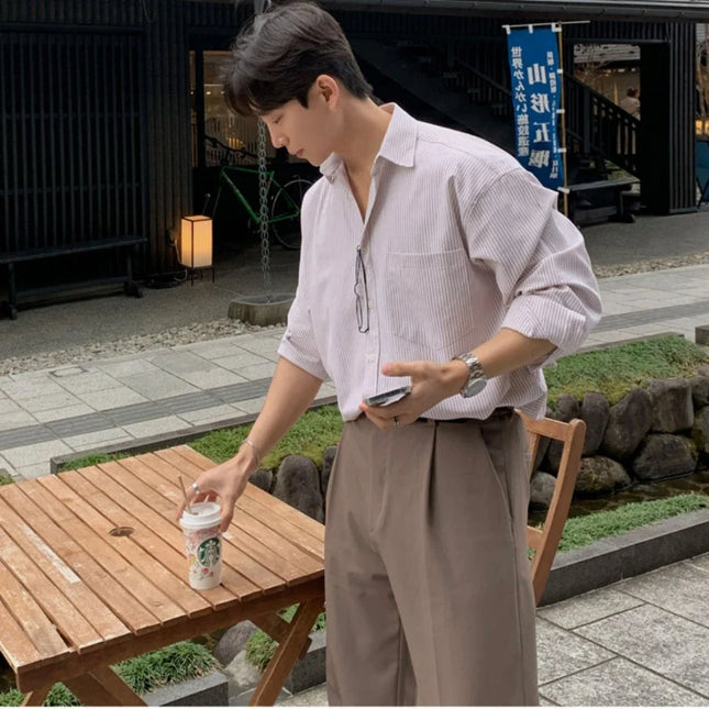 Oversized Stripet Skjorte for Menn og Kvinner – Unisex Skjortejakke i Koreansk Stil | Casual Langermet Skjorte til Vår og Høst