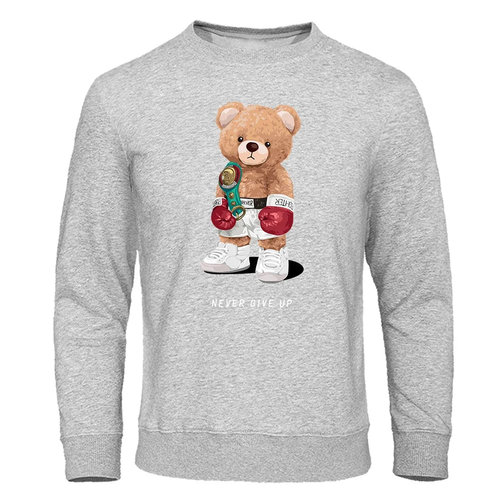 Herre Hoodie med Trykk – "Strong Boxer Teddy Bear" | Løs Passform & Streetwear Harajuku Stil