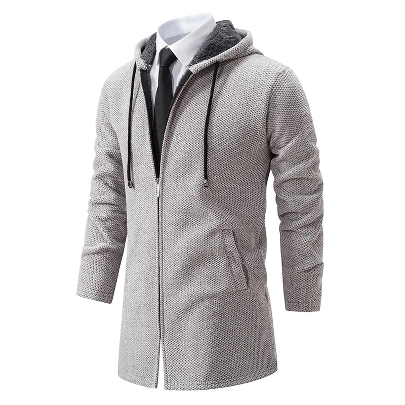 Herre Lang Cardigan med Hette – Varm Vinterjakke i Fleece & Strikk | Koreansk Designerstil
