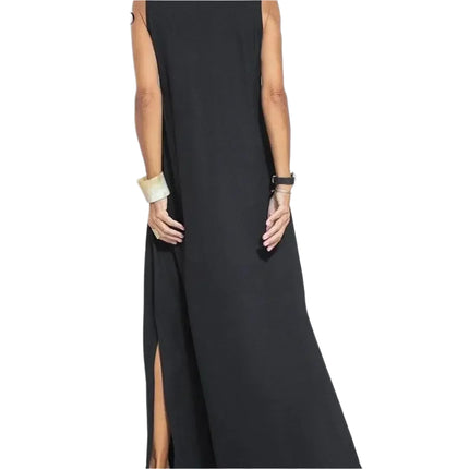 Sommerens Elegante V-hals Maxi-kjole – Ermeløs, Løs Passform og Splittdetalj